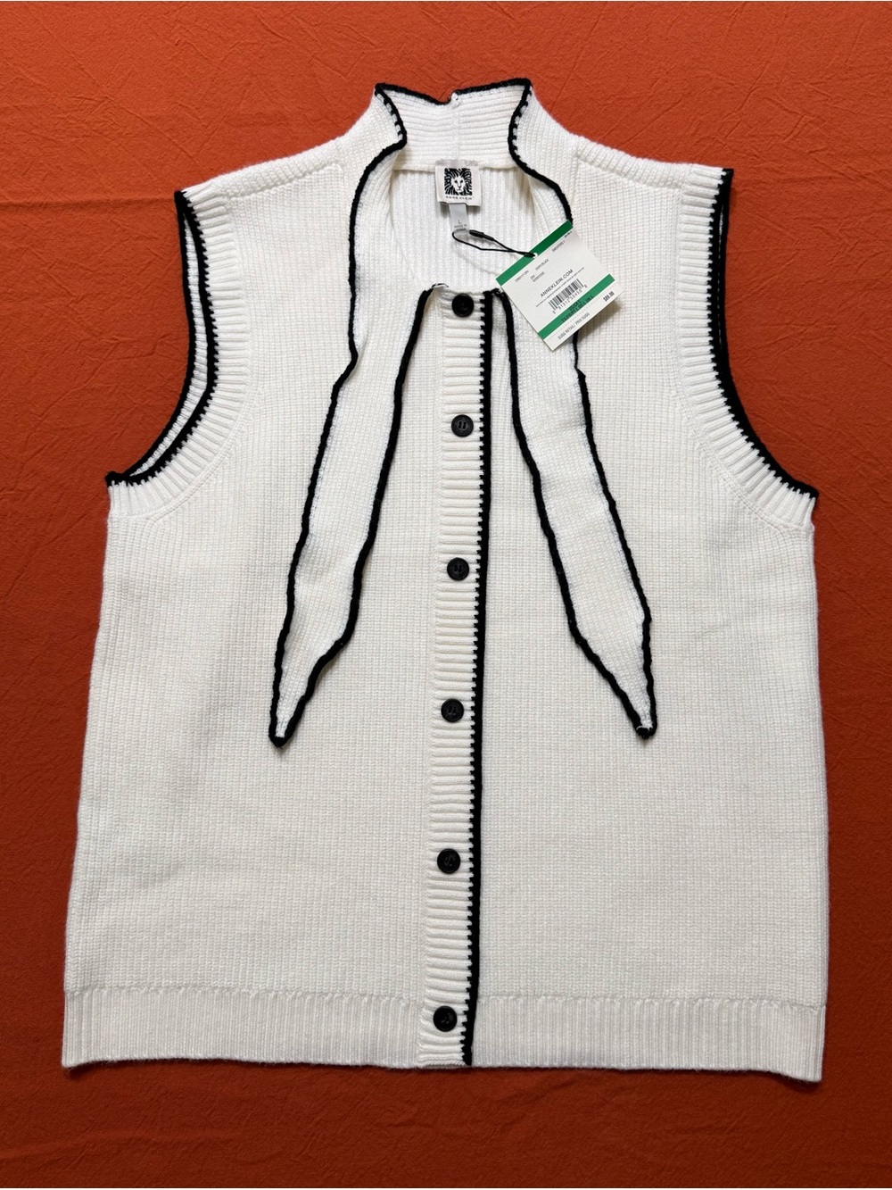 Anne Klein Ivory Knit Scarf Sleeveless Sweater Vest with Black Trim